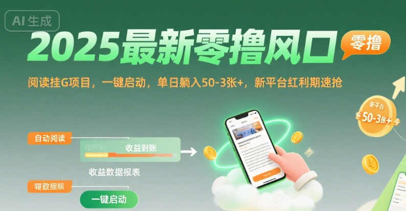 2025最新零撸风口，阅读挂G项目，一键启动，单日躺入 50-3张+，新平台红利期速抢【揭秘】网创吧-网创项目资源站-副业项目-创业项目-搞钱项目网创吧