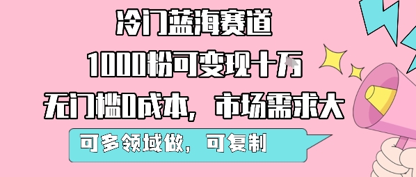 冷门蓝海赛道，1000粉可变现十W，无门槛0成本，市场需求大，可多领域做，可复制性强网创吧-网创项目资源站-副业项目-创业项目-搞钱项目网创吧