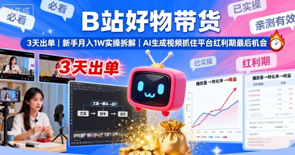 B站好物带货，3天出单，新手月入1W实操拆解，AI生成视频，抓住平台红利期最后机会网创吧-网创项目资源站-副业项目-创业项目-搞钱项目网创吧