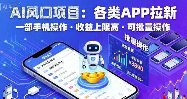 AI风口项目，各类APP拉新，一部手机就可以操作，收益上限高，可批量操作网创吧-网创项目资源站-副业项目-创业项目-搞钱项目网创吧