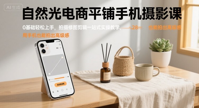 自然光电商平铺手机摄影课，0基础轻松上手，拍摄修图剪辑一站式实操教学，用手机也能拍出高级感网创吧-网创项目资源站-副业项目-创业项目-搞钱项目网创吧