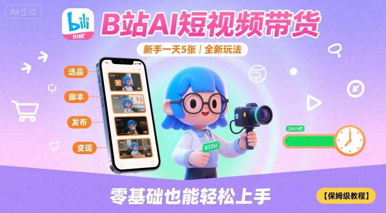 B站AI短视频带货，新手一天5张，全新玩法【保姆级教程】网创吧-网创项目资源站-副业项目-创业项目-搞钱项目网创吧