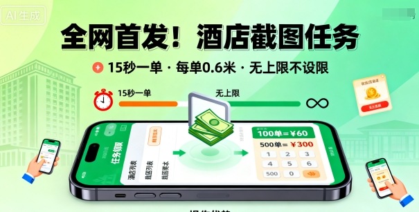 全网首发！酒店截图任务，15秒一单，每单0.6米，任务无上限不设限，矩阵操作单日3张到手【揭秘】网创吧-网创项目资源站-副业项目-创业项目-搞钱项目网创吧