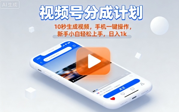 视频号分成计划懒人玩法，10秒生成视频，手机一键操作，新手小白轻松上手，日入1K【揭秘】网创吧-网创项目资源站-副业项目-创业项目-搞钱项目网创吧