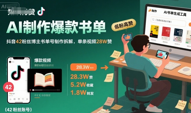 AI制作爆款书单，抖音42粉丝博主书单号制作拆解，单条视频28W赞网创吧-网创项目资源站-副业项目-创业项目-搞钱项目网创吧