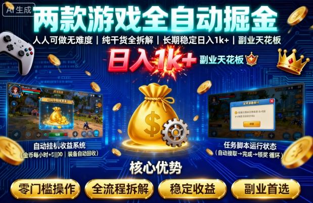 两款游戏全自动掘金，人人可做无难度，纯干货全拆解，长期稳定，日入1k+，副业天花板【揭秘】网创吧-网创项目资源站-副业项目-创业项目-搞钱项目网创吧