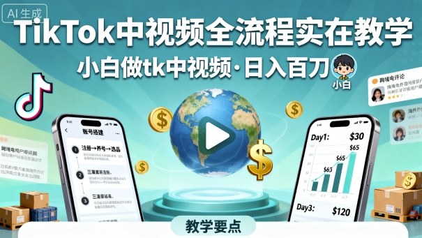 TikTok中视频全流程实操教学，小白做tk中视频，日入百刀网创吧-网创项目资源站-副业项目-创业项目-搞钱项目网创吧