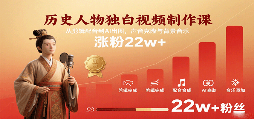 历史人物独白视频制作课，从剪辑配音到AI出图，声音克隆与背景音乐，涨粉22w+网创吧-网创项目资源站-副业项目-创业项目-搞钱项目网创吧