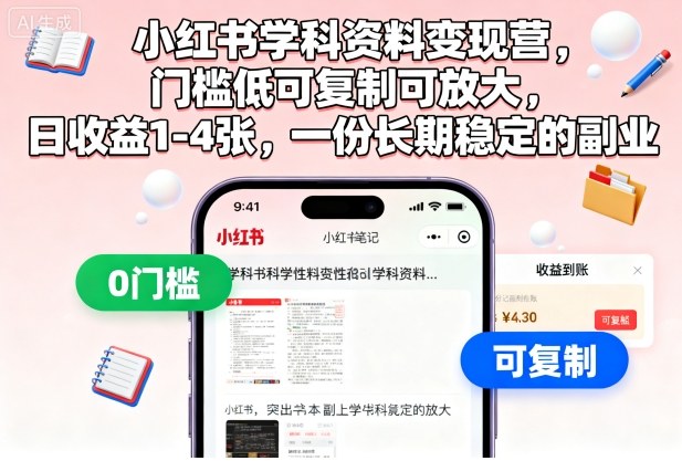 小红书学科资料变现营，门槛低可复制可放大，日收益1-4张，一份长期稳定的副业网创吧-网创项目资源站-副业项目-创业项目-搞钱项目网创吧