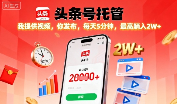 【头条号托管】我提供视频，你发布，每天5分钟，最高躺入2W+【揭秘】网创吧-网创项目资源站-副业项目-创业项目-搞钱项目网创吧