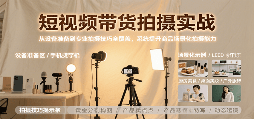 短视频带货拍摄实战，从设备准备到专业拍摄技巧全覆盖，系统提升商品场景化拍摄能力网创吧-网创项目资源站-副业项目-创业项目-搞钱项目网创吧