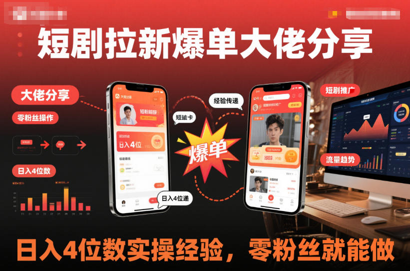 短剧拉新爆单大佬分享日入4位数实操经验，零粉丝就能做网创吧-网创项目资源站-副业项目-创业项目-搞钱项目网创吧