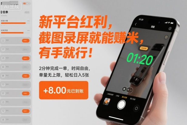 新平台红利，截图录屏就能賺米，有手就行！2分钟完成一单，时间自由，单量无上限，轻松日入5张【揭秘】网创吧-网创项目资源站-副业项目-创业项目-搞钱项目网创吧