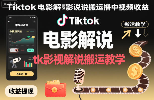 Tiktok电影解说搬运撸中视频收益，tk影视解说搬运教学网创吧-网创项目资源站-副业项目-创业项目-搞钱项目网创吧