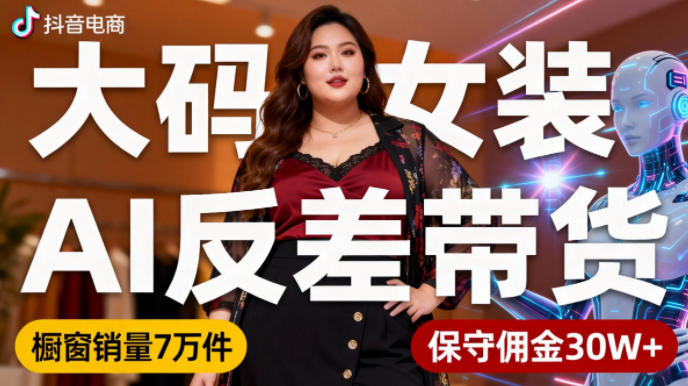 抖音小众赛道，大码女装AI反差带货，不用直播，每天6条作品，橱窗卖7万件，保守佣金30W+网创吧-网创项目资源站-副业项目-创业项目-搞钱项目网创吧