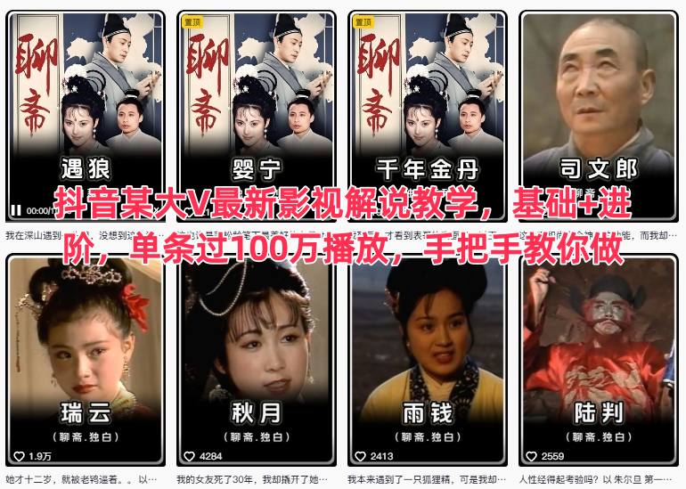 抖音某大V最新影视解说教学，基础+进阶，单条过100万播放，手把手教你做网创吧-网创项目资源站-副业项目-创业项目-搞钱项目网创吧