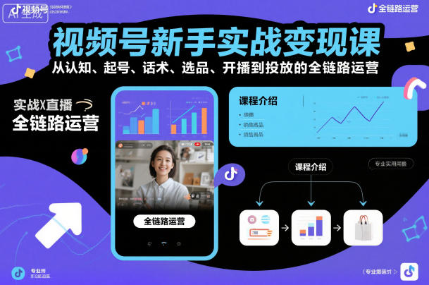 视频号新手实战变现课，从认知、起号、话术、选品、开播到投放的全链路运营网创吧-网创项目资源站-副业项目-创业项目-搞钱项目网创吧