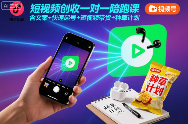 短视频创收一对一陪跑课，含文案+快速起号+短视频带货+种草计划网创吧-网创项目资源站-副业项目-创业项目-搞钱项目网创吧