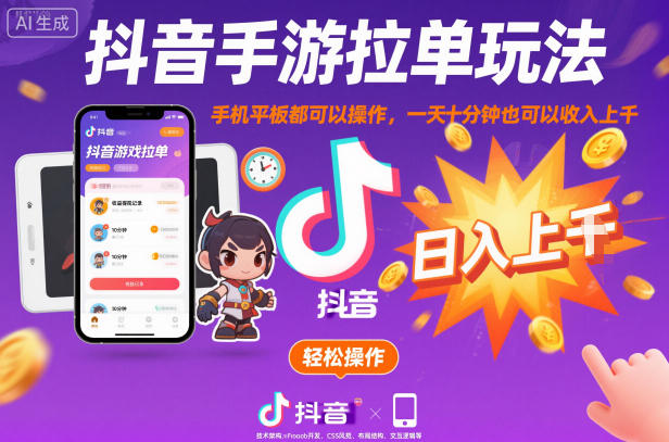 抖音手游拉单玩法，手机平板都可以操作，一天十分钟也可以收入上K【揭秘】网创吧-网创项目资源站-副业项目-创业项目-搞钱项目网创吧