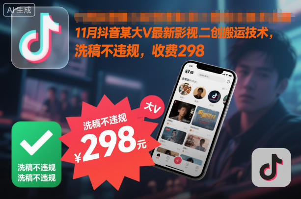 11月抖音某大V最新影视二创搬运技术，洗稿不违规，收费298网创吧-网创项目资源站-副业项目-创业项目-搞钱项目网创吧