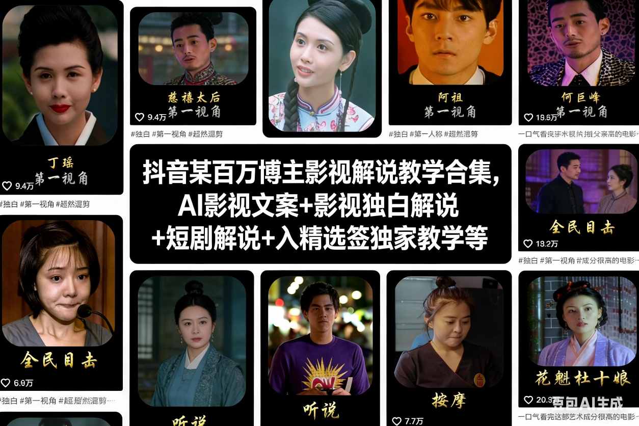 抖音某百万博主影视解说教学合集,AI影视文案+影视独白解说+短剧解说+入精选签独家教学等网创吧-网创项目资源站-副业项目-创业项目-搞钱项目网创吧