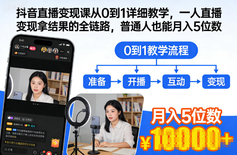 抖音直播变现课从0到1详细教学，一人直播变现拿结果的全链路，普通人也能月入5位数网创吧-网创项目资源站-副业项目-创业项目-搞钱项目网创吧