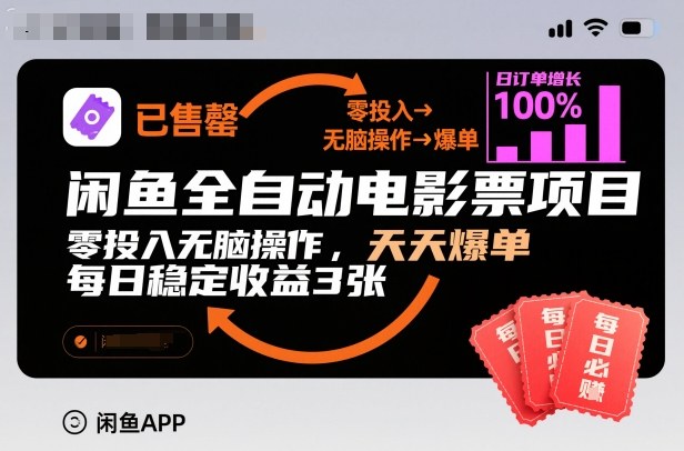 闲鱼全自动电影票项目，零投入无脑操作，天天爆单，每日稳定收益3张【揭秘】网创吧-网创项目资源站-副业项目-创业项目-搞钱项目网创吧