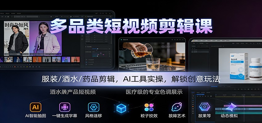 多品类短视频剪辑课：服装/酒水/药品剪辑，AI工具实操，解锁创意玩法网创吧-网创项目资源站-副业项目-创业项目-搞钱项目网创吧