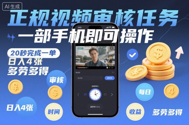 正规视频审核任务，一部手机即可操作，20秒完成一单，日入4张，多劳多得【揭秘】网创吧-网创项目资源站-副业项目-创业项目-搞钱项目网创吧