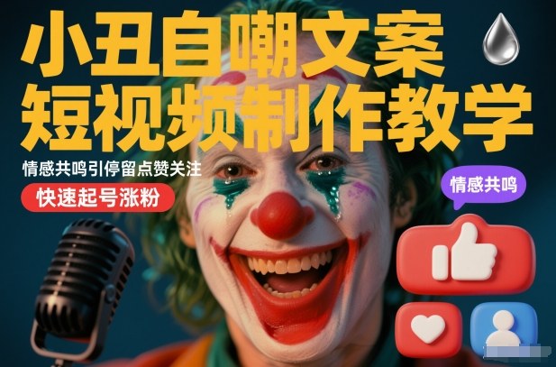 小丑自嘲文案短视频制作教学，情感共鸣引停留点赞关注，快速起号涨粉网创吧-网创项目资源站-副业项目-创业项目-搞钱项目网创吧