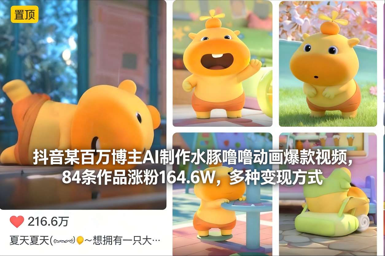抖音某百万博主AI制作水豚噜噜动画爆款视频，84条作品涨粉164.6W，多种变现方式网创吧-网创项目资源站-副业项目-创业项目-搞钱项目网创吧