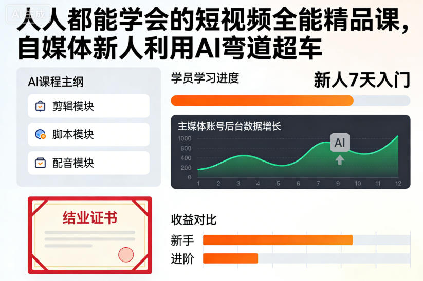 人人都能学会的短视频全能精品课，自媒体新人利用AI弯道超车网创吧-网创项目资源站-副业项目-创业项目-搞钱项目网创吧
