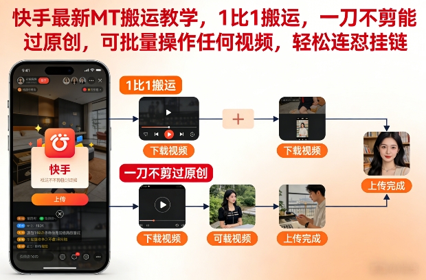 快手最新MT搬运教学，1比1搬运，一刀不剪能过原创，可批量操作任何视频，轻松连怼挂链网创吧-网创项目资源站-副业项目-创业项目-搞钱项目网创吧