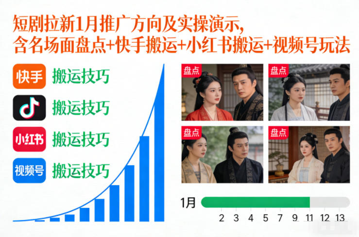 短剧拉新1月推广方向及实操演示，含名场面盘点+快手搬运+小红书搬运+视频号玩法网创吧-网创项目资源站-副业项目-创业项目-搞钱项目网创吧