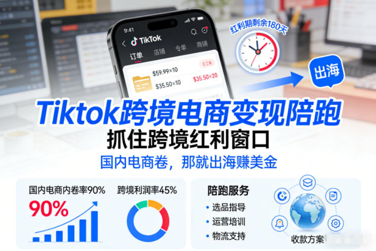 Tiktok跨境电商变现陪跑，抓住跨境红利窗口，国内电商卷，那就出海賺美金网创吧-网创项目资源站-副业项目-创业项目-搞钱项目网创吧