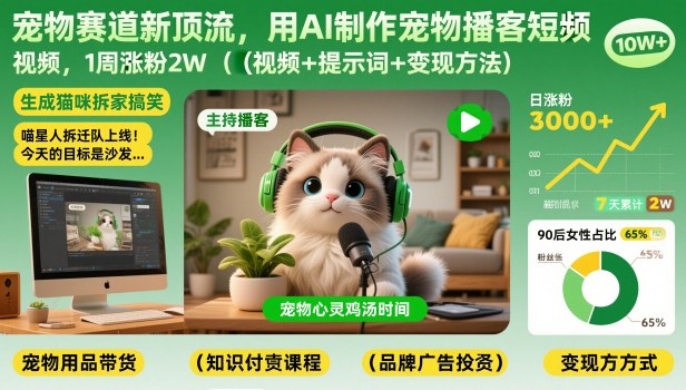 宠物赛道新顶流，用AI制作宠物播客短视频，1周涨粉2W（视频+提示词+变现方法）网创吧-网创项目资源站-副业项目-创业项目-搞钱项目网创吧