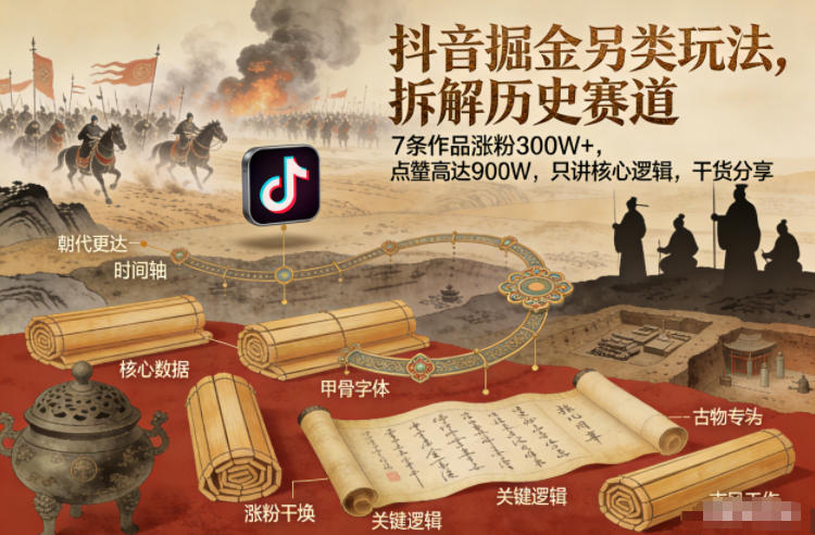 抖音掘金另类玩法，拆解历史赛道，7条作品涨粉300W+，点赞量高达900W，只讲核心逻辑，干货分享网创吧-网创项目资源站-副业项目-创业项目-搞钱项目网创吧