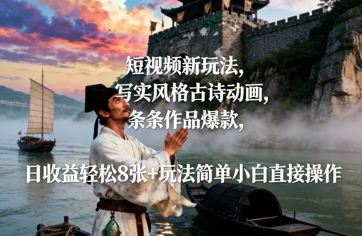短视频新玩法，写实风格古诗动画，条条作品爆款，日收益轻松8张+玩法简单小白直接操作网创吧-网创项目资源站-副业项目-创业项目-搞钱项目网创吧