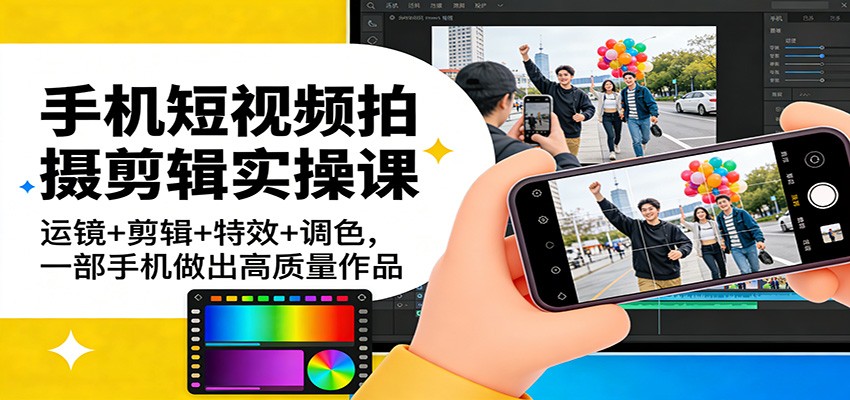 手机短视频拍摄剪辑实操课：运镜+剪辑+特效+调色，一部手机做出高质量作品网创吧-网创项目资源站-副业项目-创业项目-搞钱项目网创吧