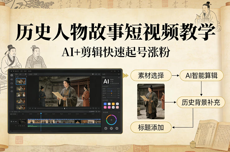 历史人物故事短视频教学，AI+剪辑制作历史人物题材短视频，快速起号涨粉网创吧-网创项目资源站-副业项目-创业项目-搞钱项目网创吧