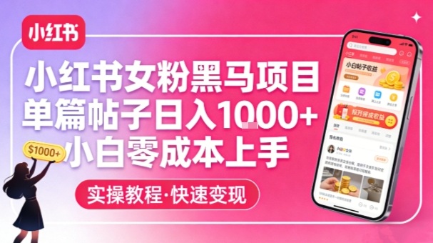 小红书女粉黑马项目，单篇帖子日入1k+，小白零成本上手网创吧-网创项目资源站-副业项目-创业项目-搞钱项目网创吧