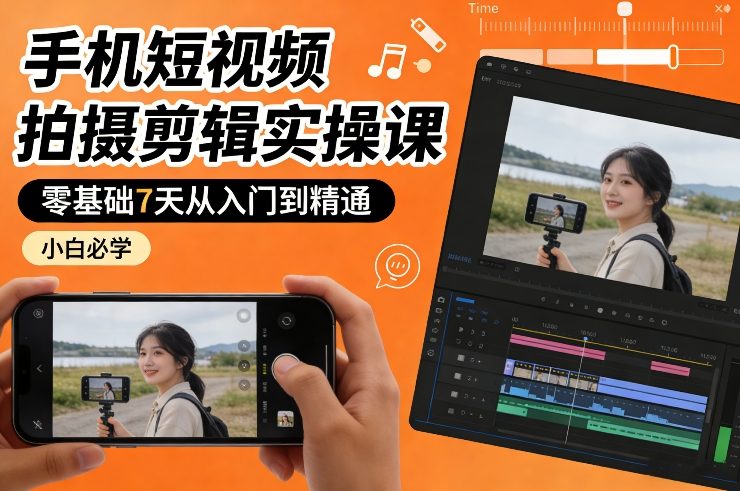 手机短视频拍摄剪辑实操课，零基础7天从入门到精通，小白必学网创吧-网创项目资源站-副业项目-创业项目-搞钱项目网创吧