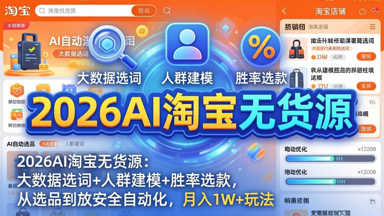 (17812期)2026AI淘宝无货源:大数据选词+人群建模+胜率选款,从选品到放大全自动化,月入1W+玩法网创吧-网创项目资源站-副业项目-创业项目-搞钱项目网创吧