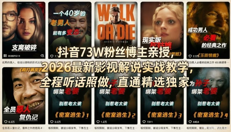 抖音73W粉丝博主亲授，2026最新影视解说实战教学，全程听话照做，直通精选独家网创吧-网创项目资源站-副业项目-创业项目-搞钱项目网创吧
