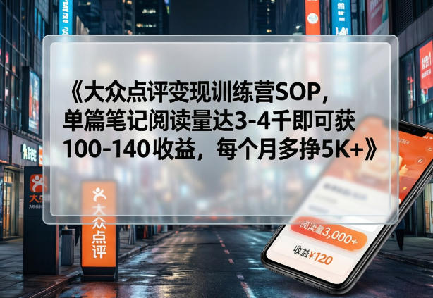大众点评变现训练营SOP，单篇笔记阅读量达3-4千即可获100-140收益，每个月多挣5K+网创吧-网创项目资源站-副业项目-创业项目-搞钱项目网创吧
