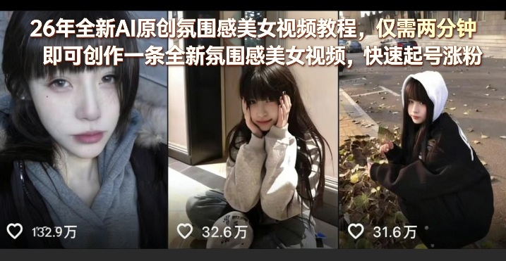 26年全新AI原创氛围感美女视频教程，仅需两分钟即可创作一条全新氛围感美女视频，快速起号涨粉网创吧-网创项目资源站-副业项目-创业项目-搞钱项目网创吧