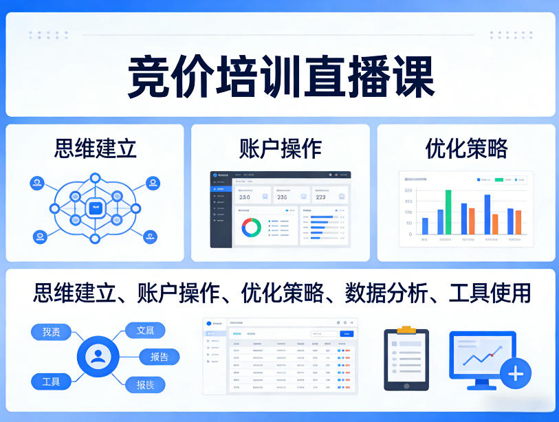 竞价培训直播课,覆盖思维建立、账户操作、优化策略、数据分析、工具使用等,全方位提升效果网创吧-网创项目资源站-副业项目-创业项目-搞钱项目网创吧